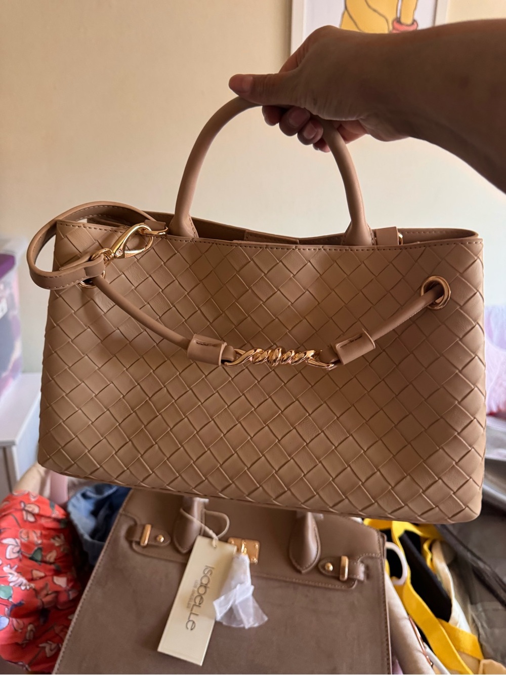 Woven Taupe Leatherette Satchel Bag with Gold Accents